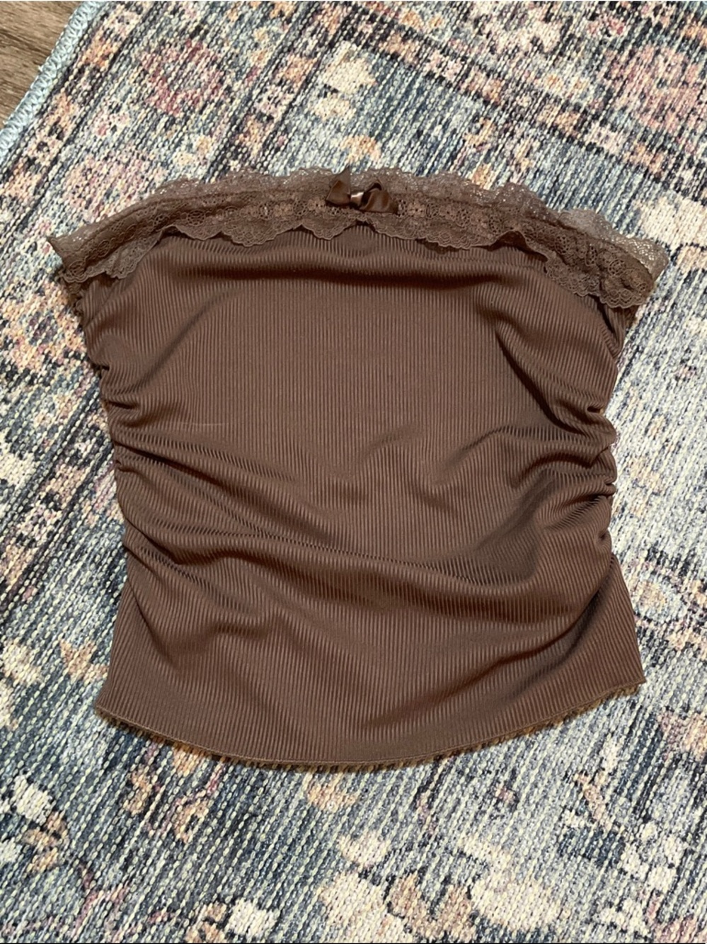 SHEIN Brown Ribbed Lace-Trim Strapless Camisole